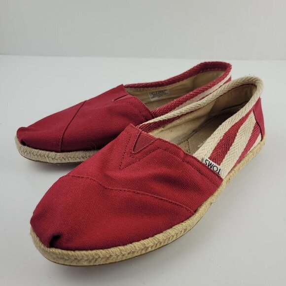 Toms Classic University Red Stripe Canvas Espadrille Slip On Flats 6 - Picture 5 of 9